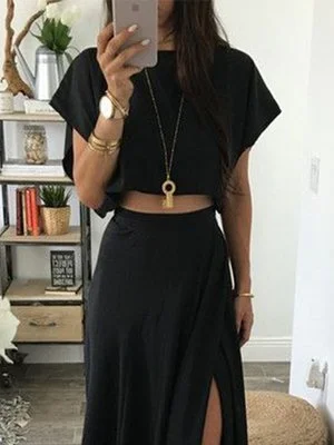 Black Casual Loose Cropped Top And Split Half-length Skirt Fashionable Two-piece Summer Suit