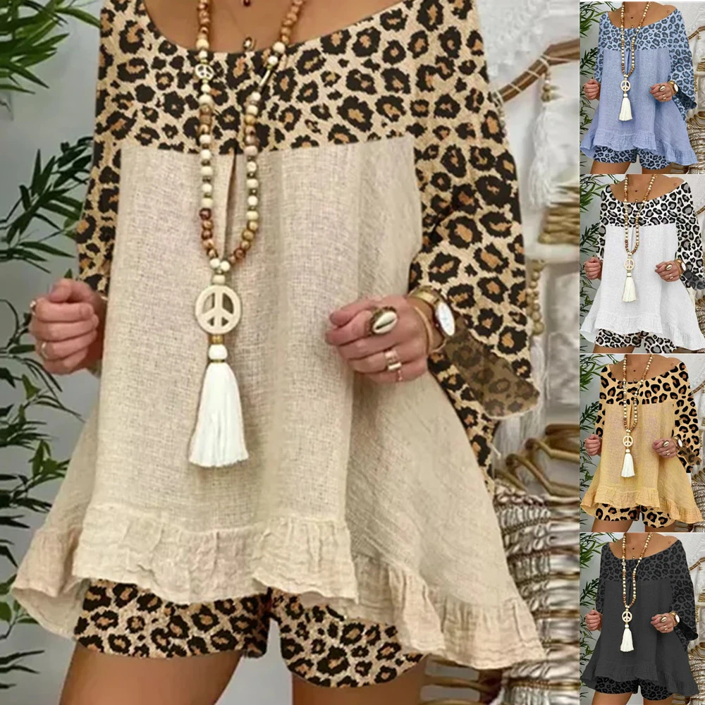 Leopard Print Stitching Loose Large Size Cotton And Linen Suit