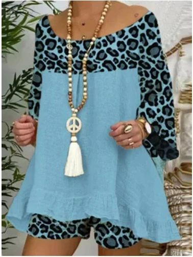 Leopard Print Stitching Loose Large Size Cotton And Linen Suit