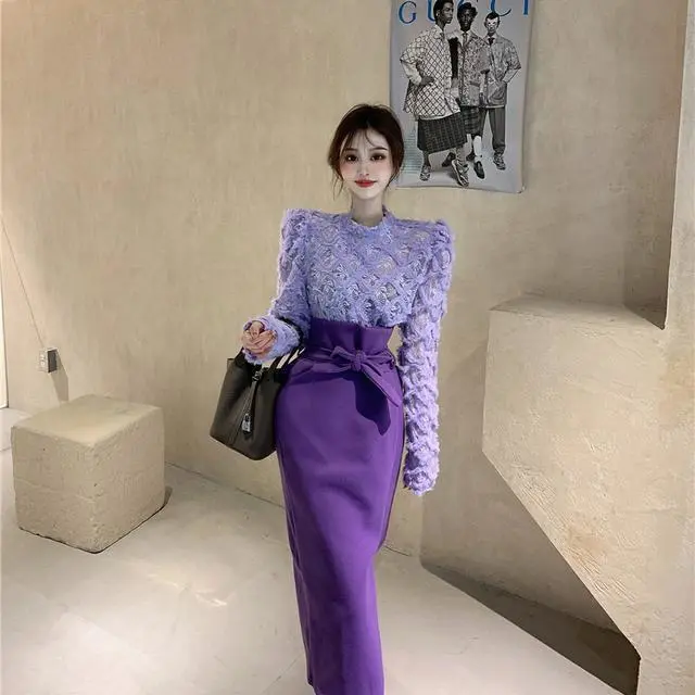 Women's One-piece Western Plush Lace Shirt With Slit Skirt
