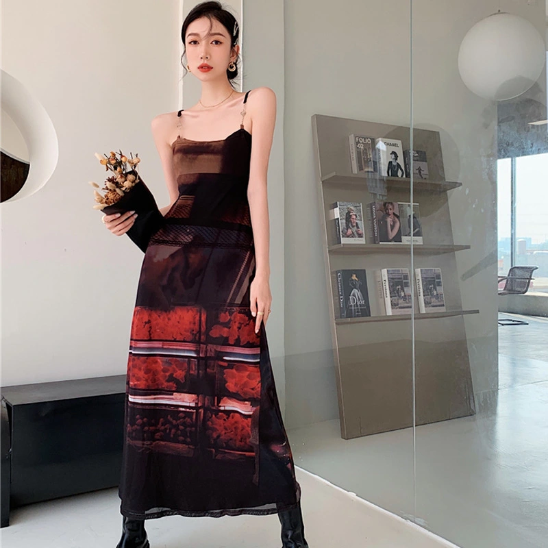 Two-Piece Mesh Long-Sleeved Slim Retro Print Dress