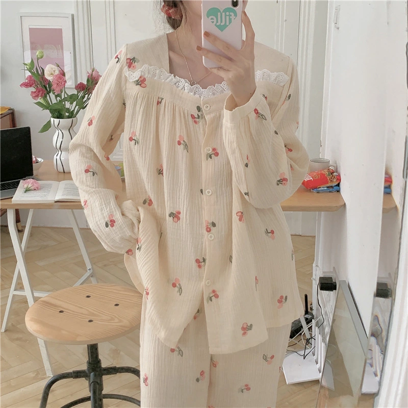 Cotton Women's Printed Pajamas Long Sleeved Trousers, Lace Floral Home Service Suit