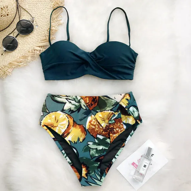 New Foreign Trade Beach Bikini Twist Bag Swimsuit Split Printing High Waist