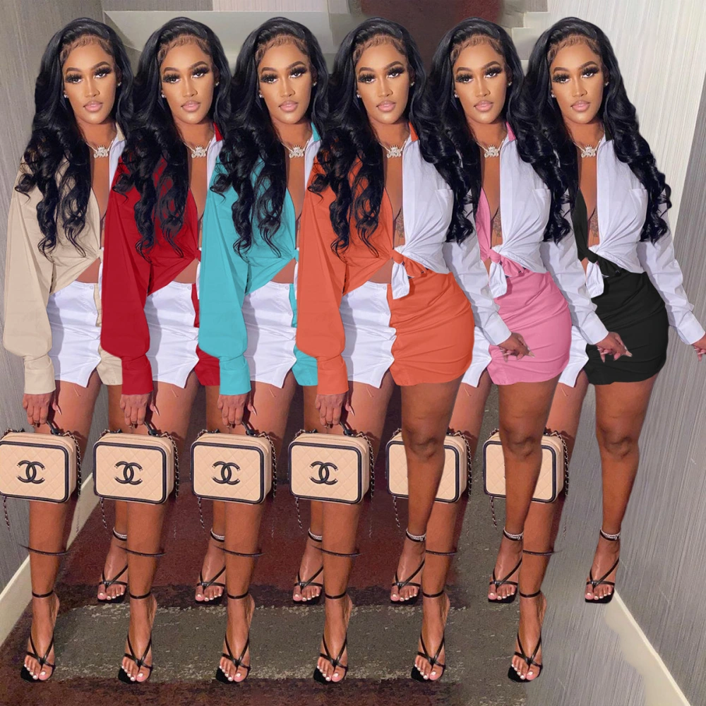 Casual Pocket Contrast Shirt Button Skirt Two-piece Suit