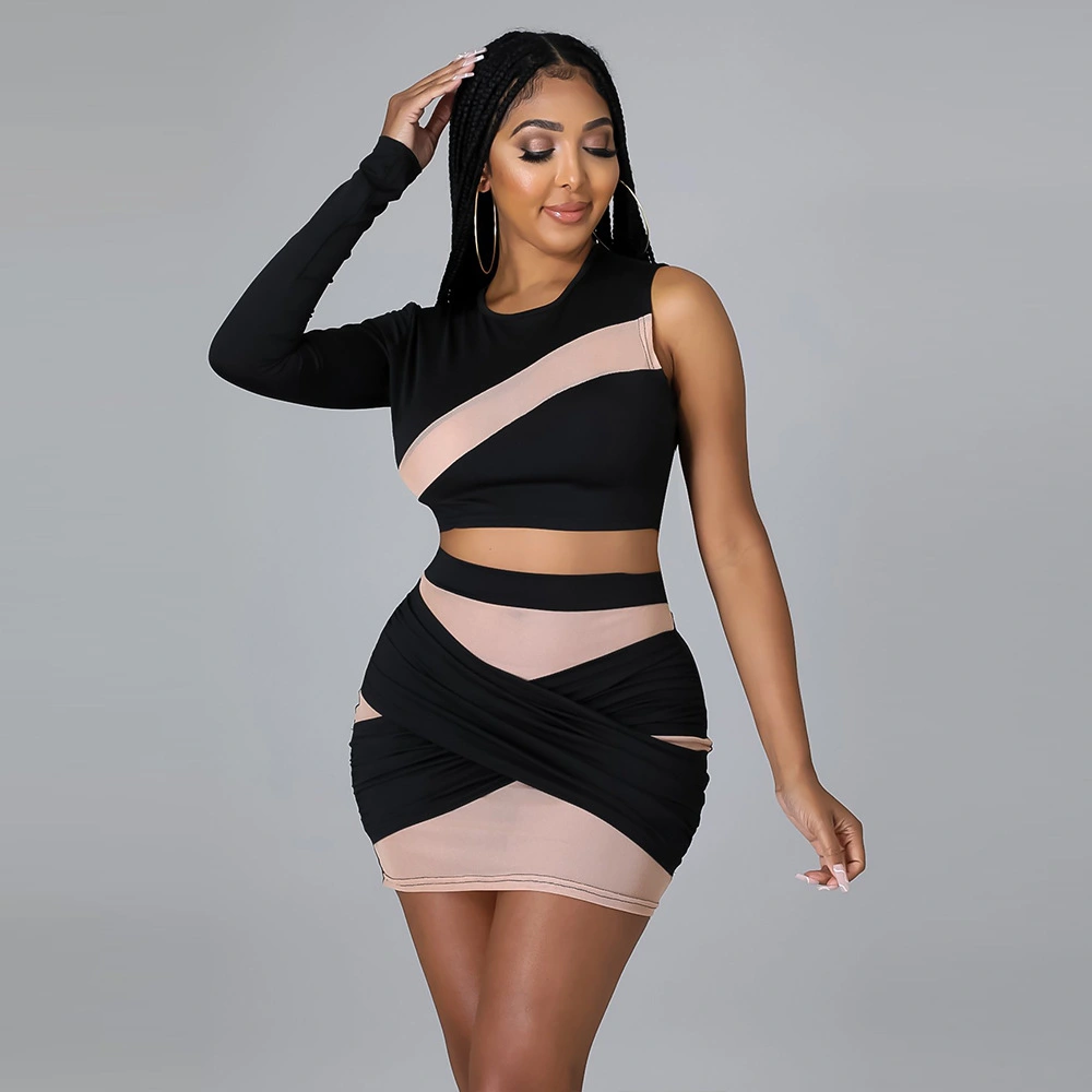 Sexy Slim Strapless Perspective Contrast Color Two-piece Suit