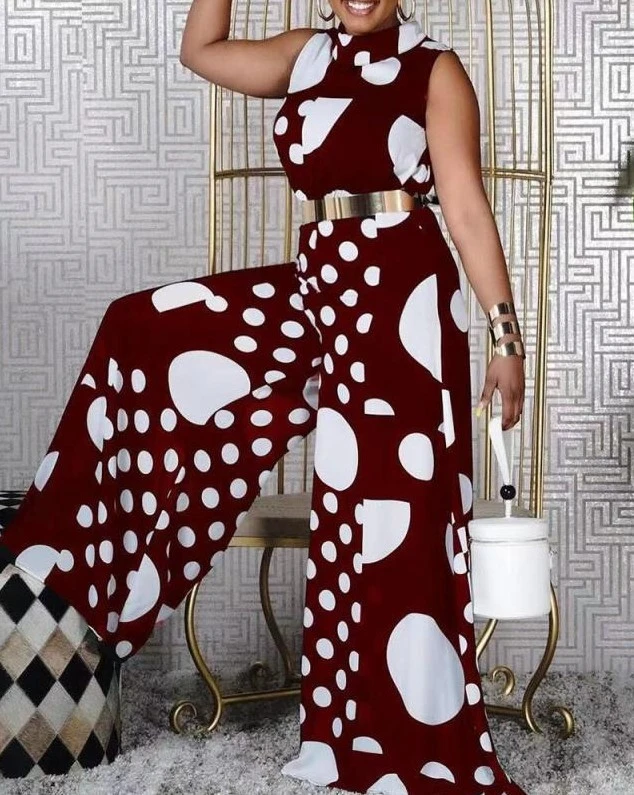 Summer Fashion Polka Dot Squandered Waist Jumpsuit Women