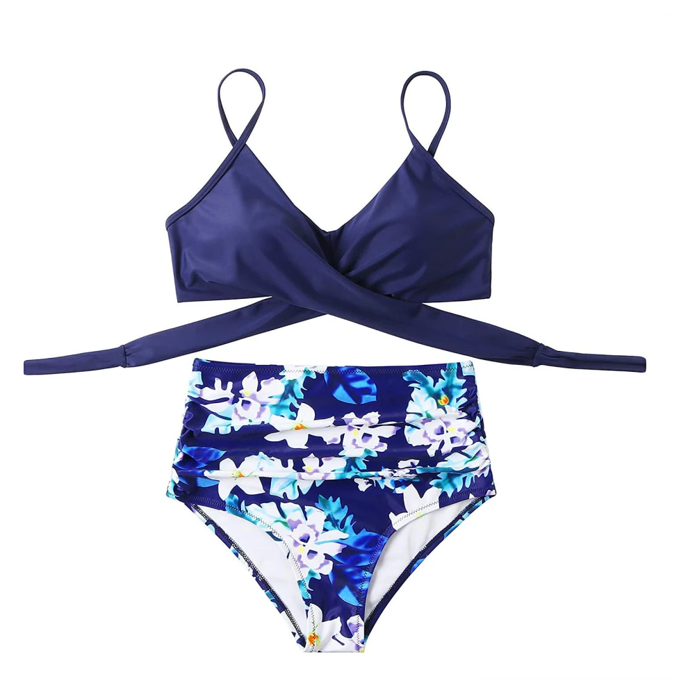 European Beauty Style Sexy Split Bikini Print Swimsuit High Waist Cross
