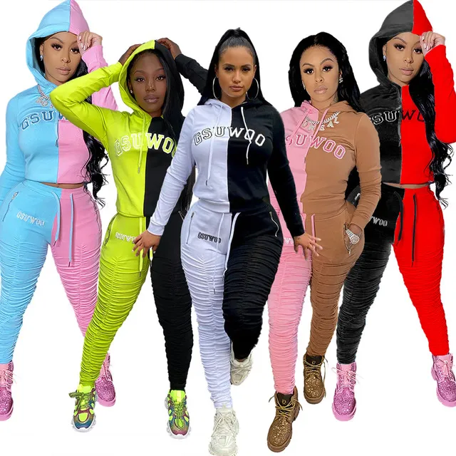 Colorblock embroidery hooded sweatshirt sports suit