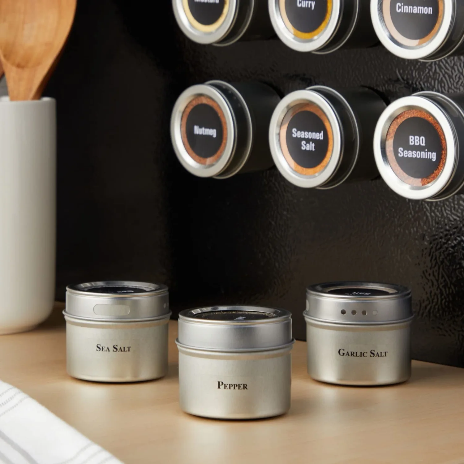 Talented Kitchen Magnetic Spice Jars for Refrigerator - 3oz Metal Spice Containers with Sift-and-Pour Lids (12 Magnet Jars, 269 Preprinted Labels, 2 Label Styles)