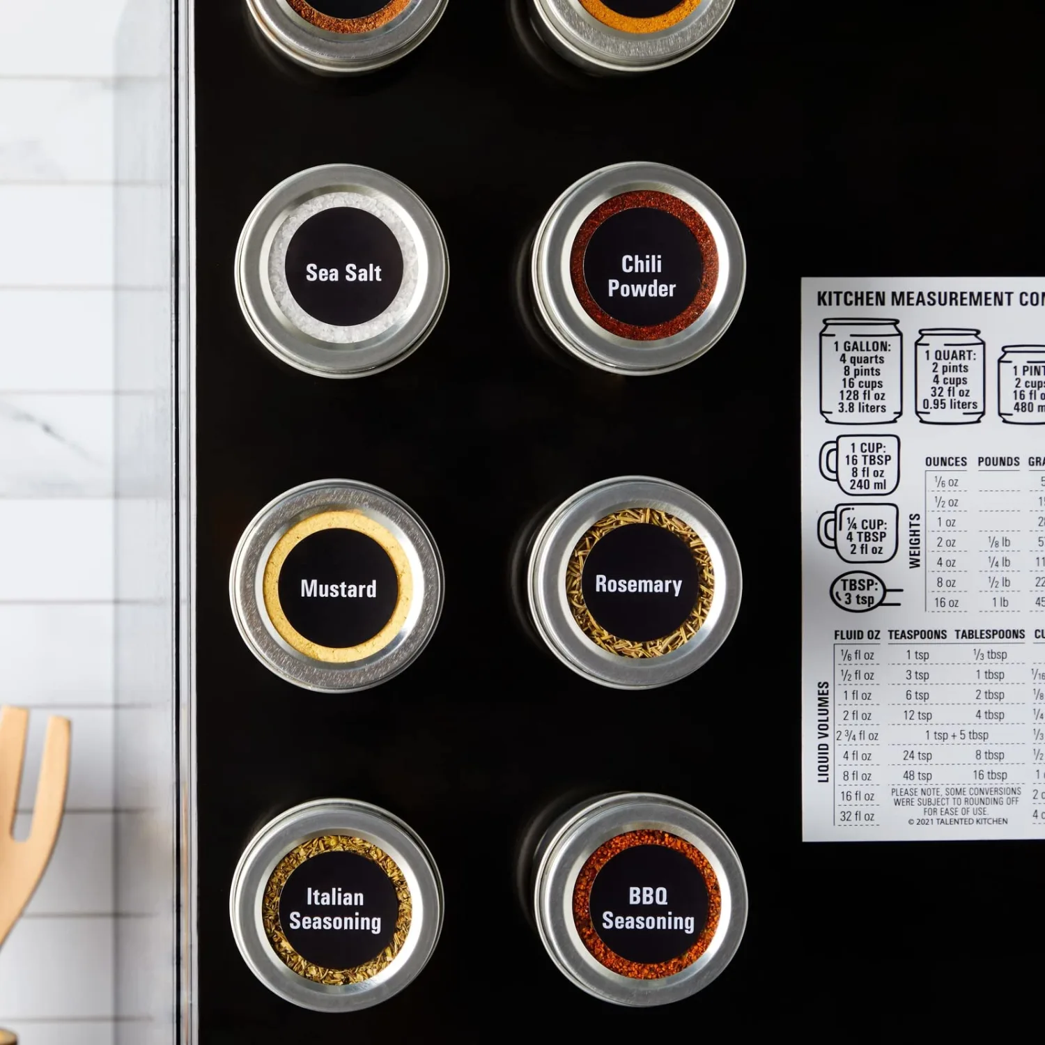 Talented Kitchen Magnetic Spice Jars for Refrigerator - 3oz Metal Spice Containers with Sift-and-Pour Lids (12 Magnet Jars, 269 Preprinted Labels, 2 Label Styles)