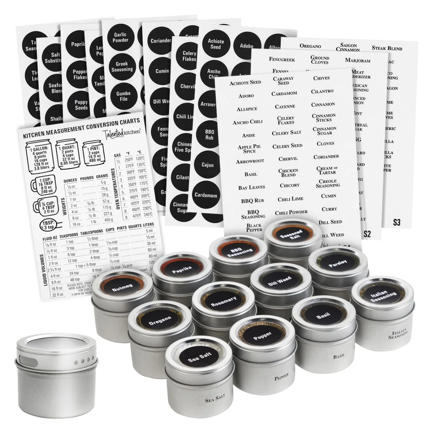 Talented Kitchen Magnetic Spice Jars for Refrigerator - 3oz Metal Spice Containers with Sift-and-Pour Lids (12 Magnet Jars, 269 Preprinted Labels, 2 Label Styles)