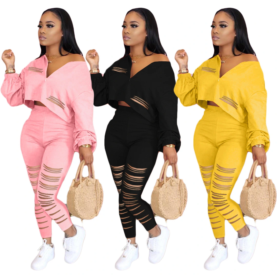 Pure color burnt sports two-piece suit