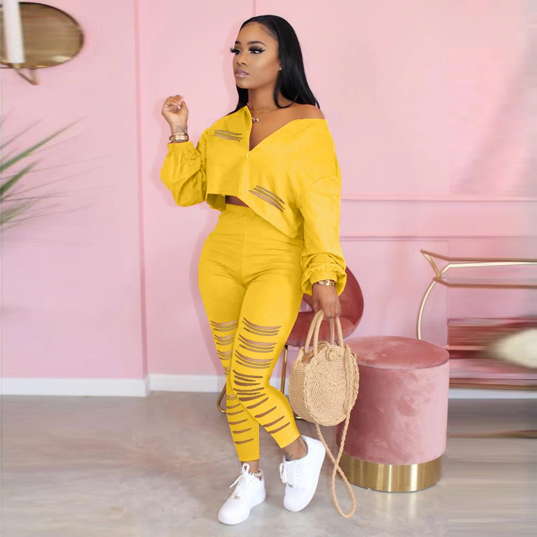 Pure color burnt sports two-piece suit