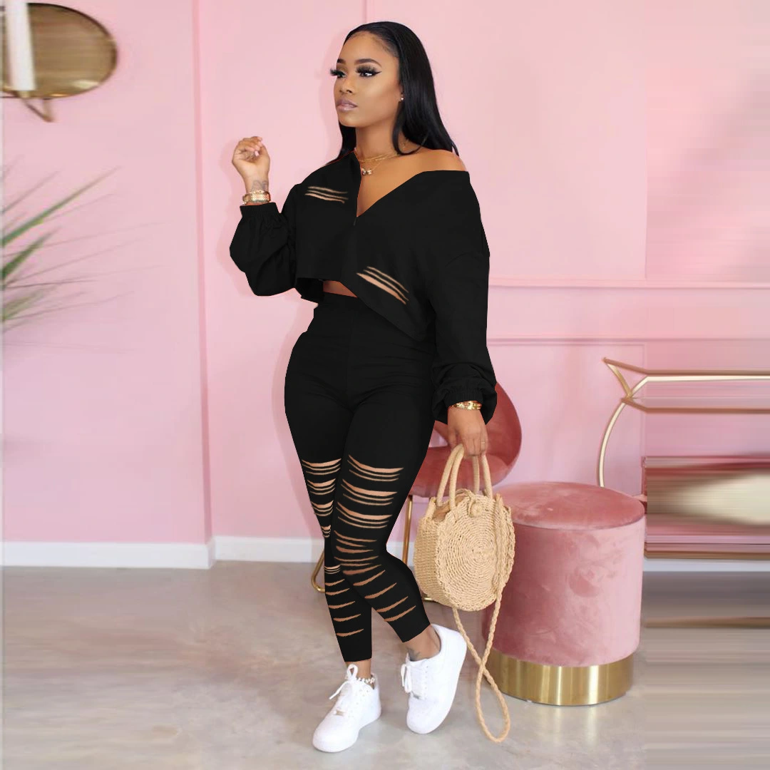 Pure color burnt sports two-piece suit