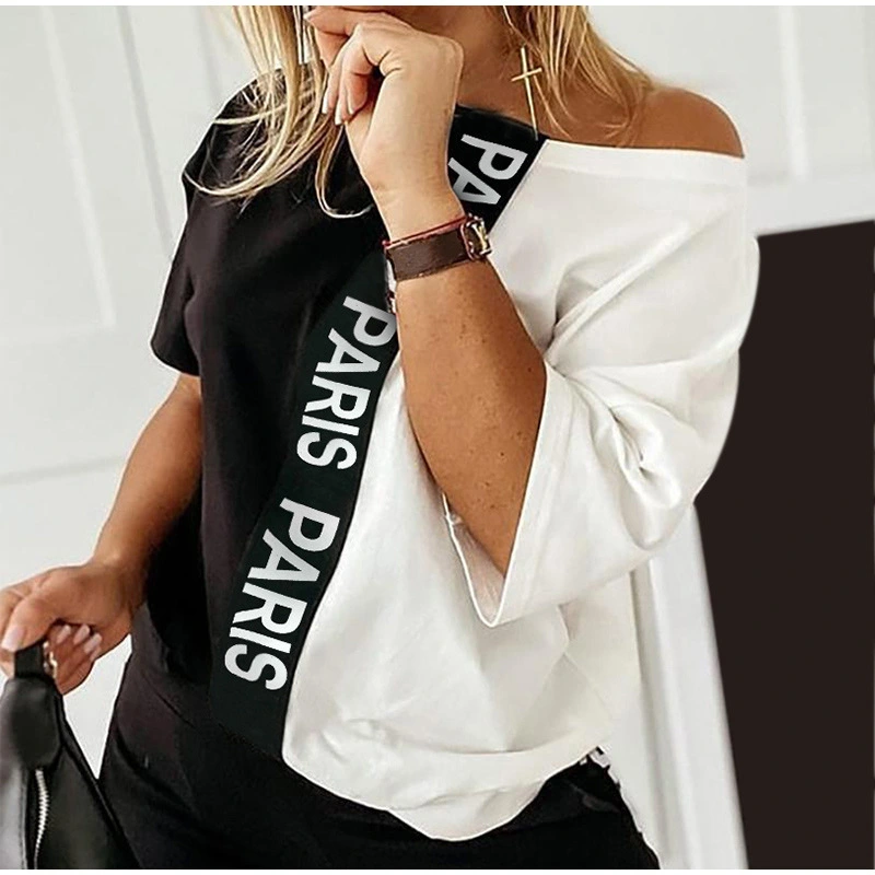 Black and white letters contrast print off-shoulder suit