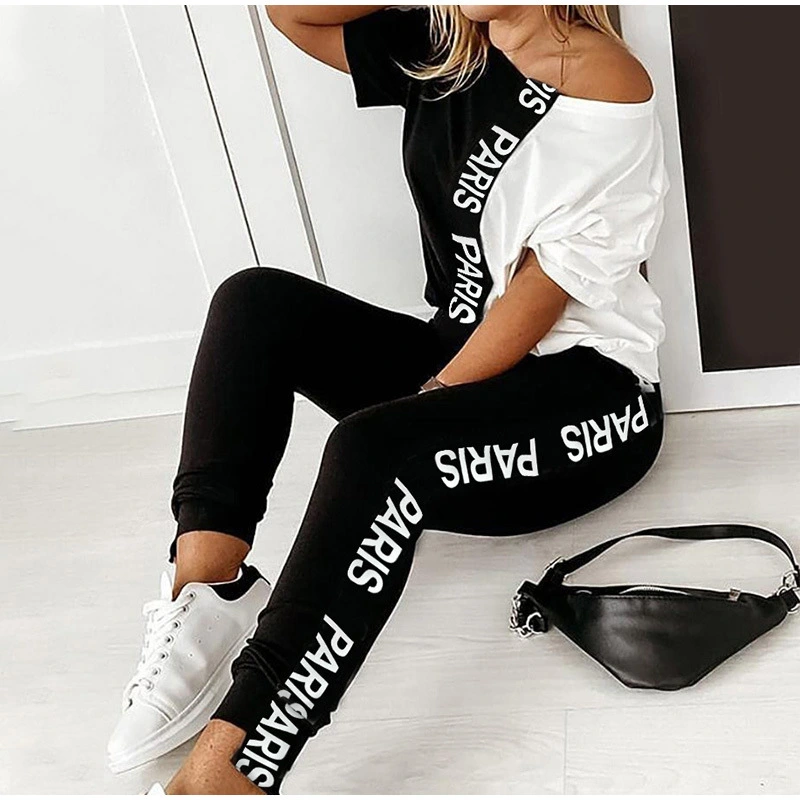 Black and white letters contrast print off-shoulder suit