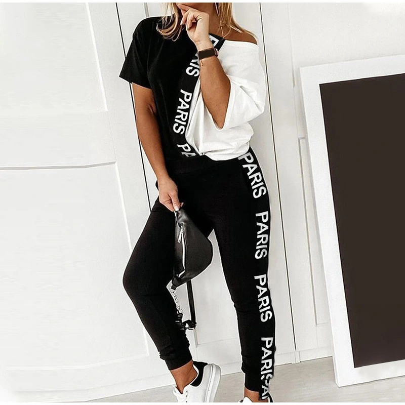 Black and white letters contrast print off-shoulder suit