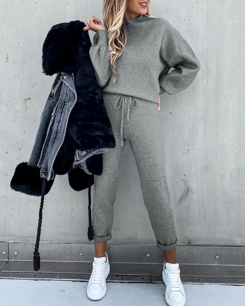 High Collar Casual Solid Color Trousers Two-Piece Sweater Suit