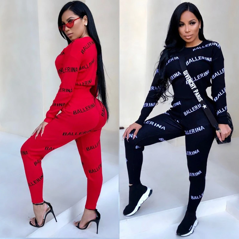 Ladies letter printed casual sweater suit