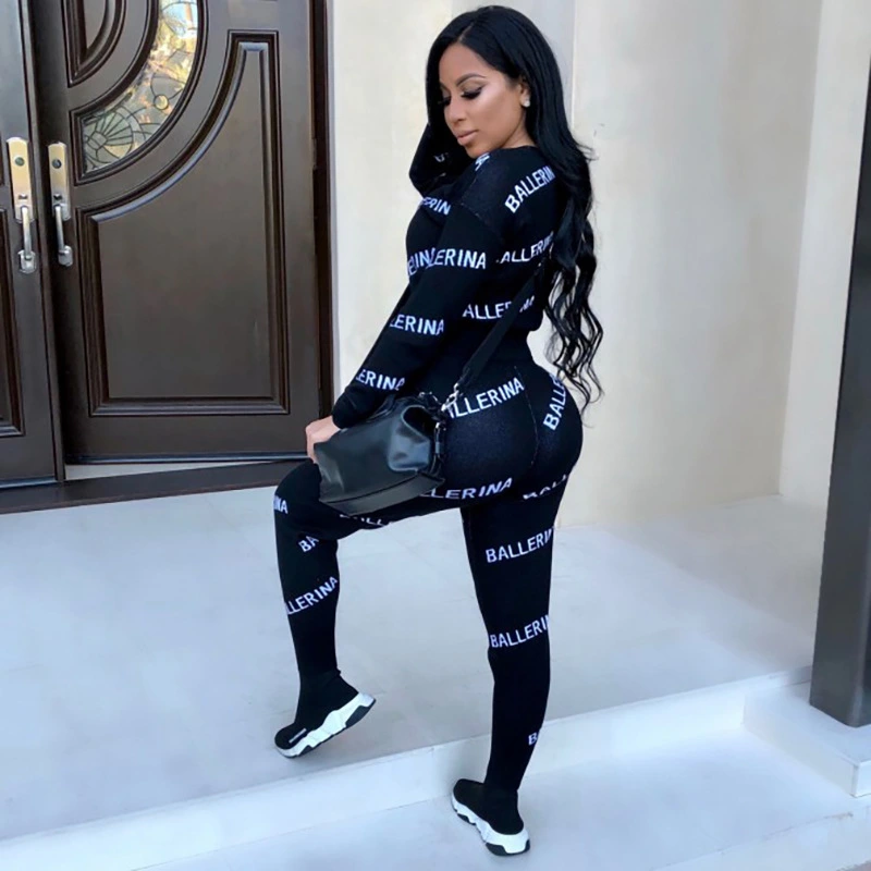 Ladies letter printed casual sweater suit