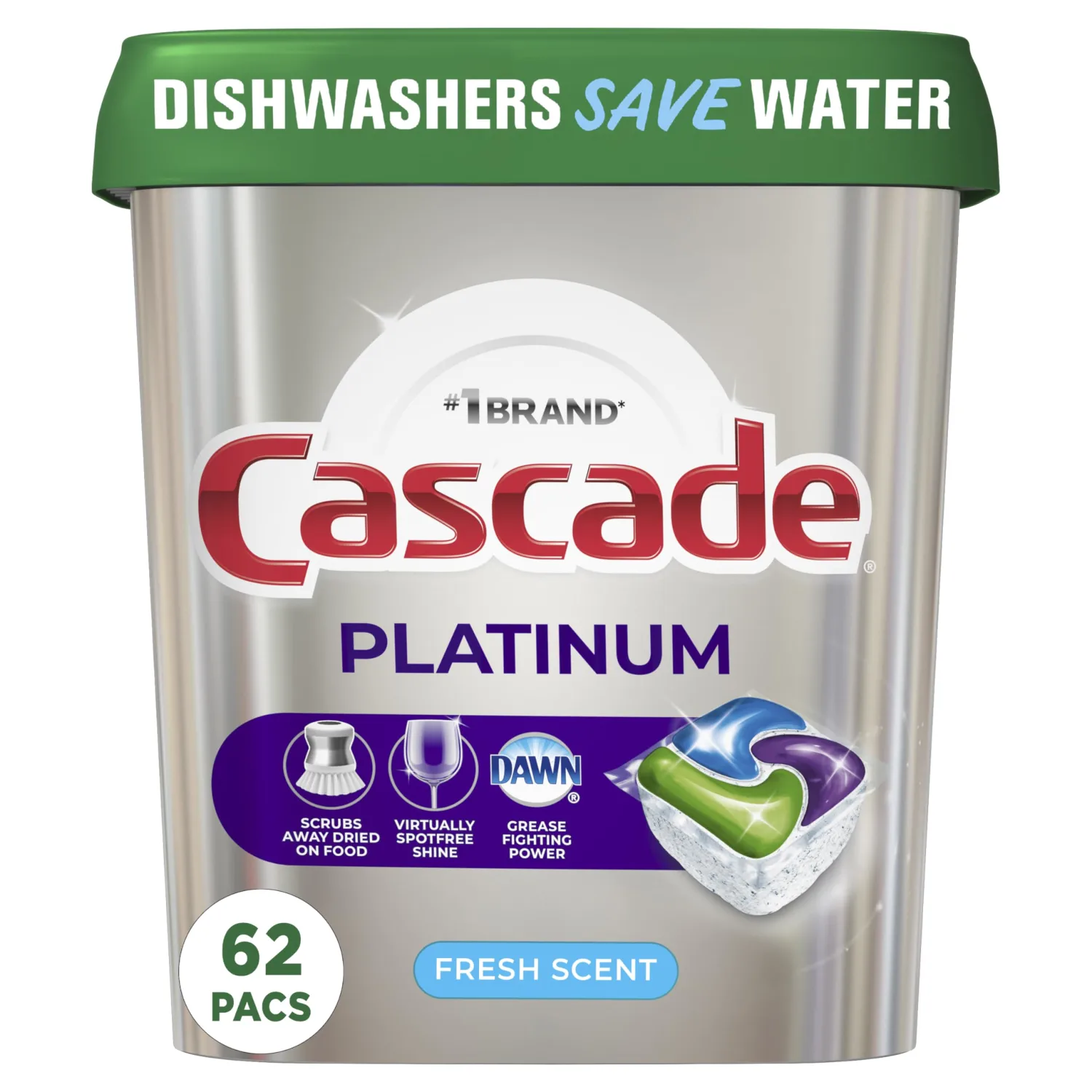 Cascade Platinum Dishwasher Pods, Dishwasher Detergent, Actionpacs, Fresh, 62 Count