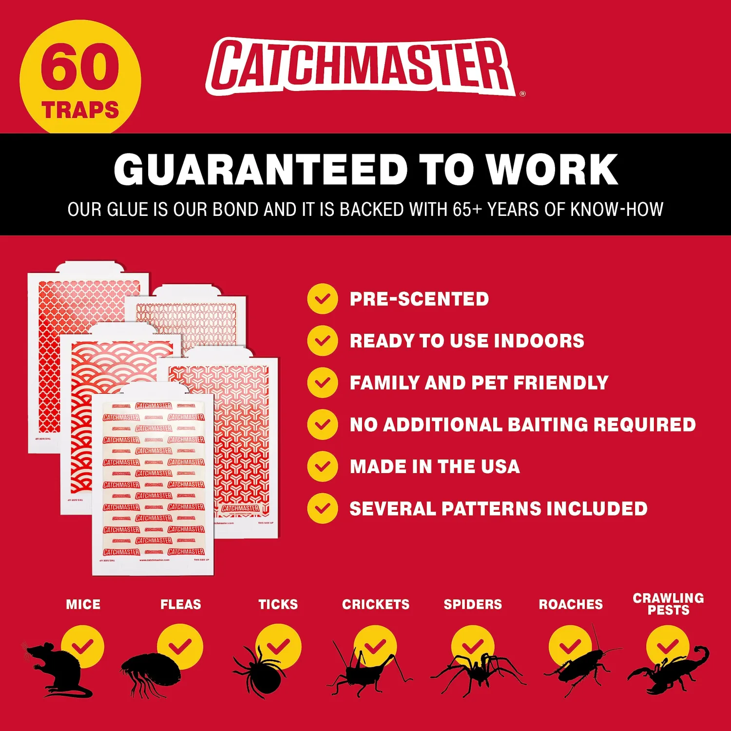 Catchmaster Pro Strength Mouse & Insect Glue Boards 60pk Traps Indoor for Home, Adhesive Bug Catcher, Rat & Rodent Sticky Trap, Non Toxic Bulk Pre-Baited Glue Traps, Pet Safe House Pest Control
