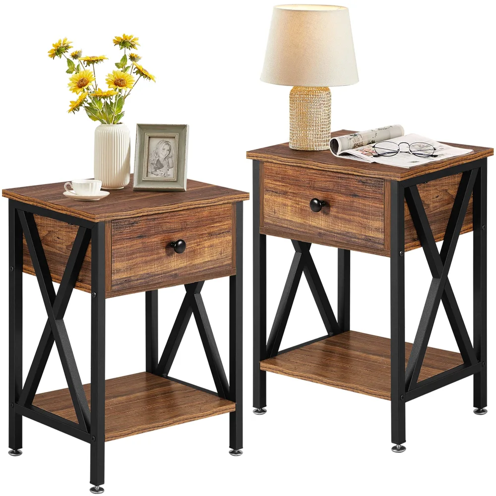 VECELO Nightstands Set of 2, Modern Bedside End Tables, Night Stands with Drawer and Storage Shelf for Living Room Bedroom, Industrial Metal Frame