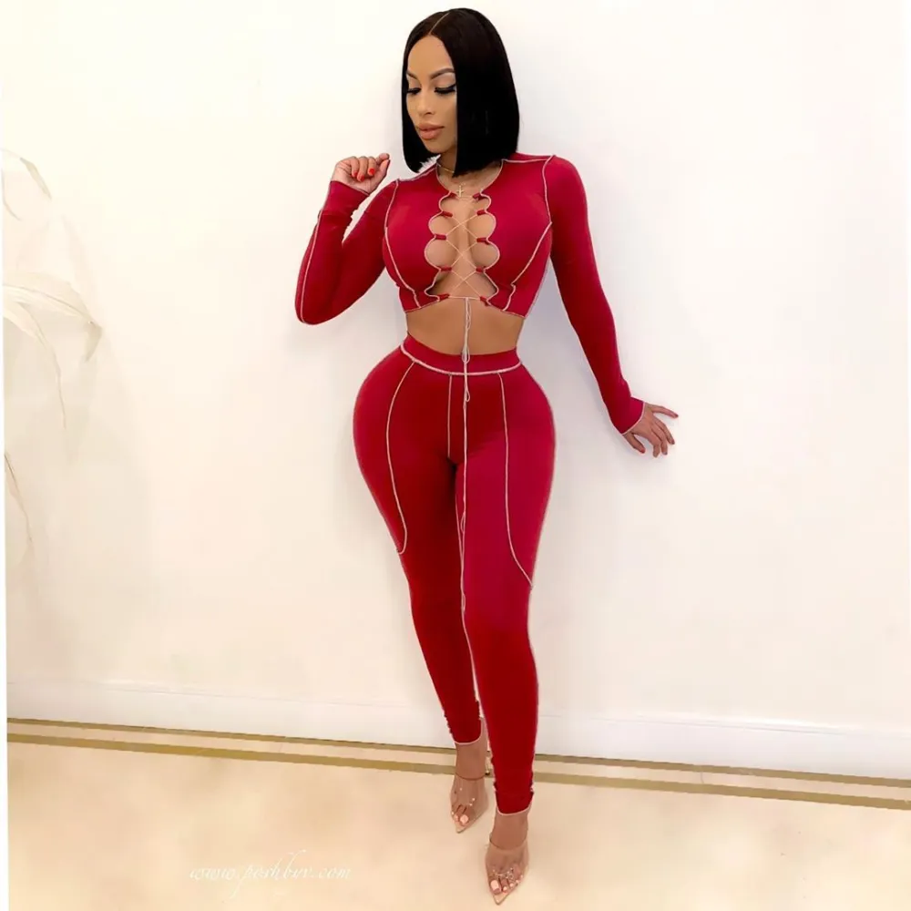 Bandage sexy hollow out long sleeve two piece set