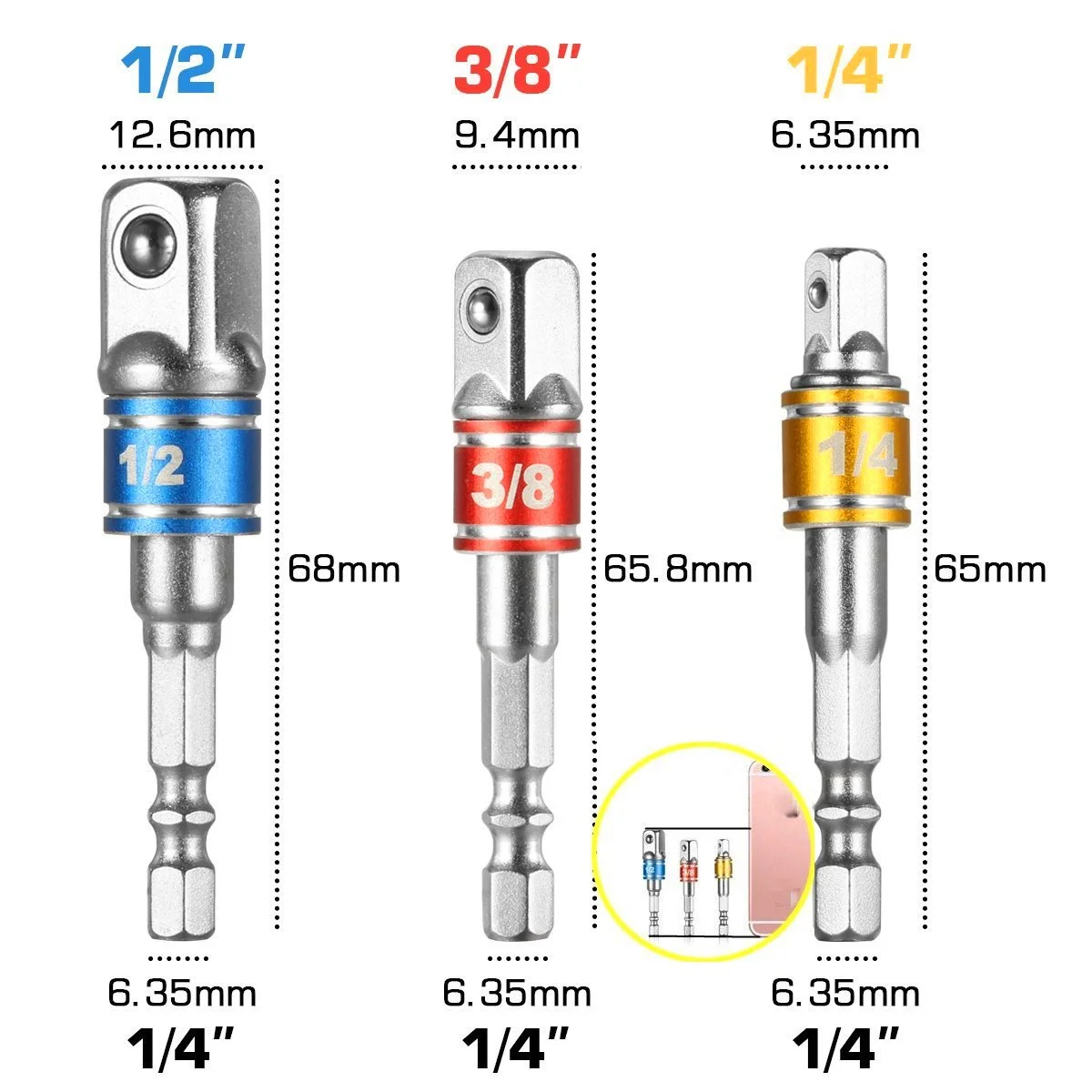 Impact Grade Socket Adapter/Extension Set Turns Power Drill Into High Speed Nut Driver,1/4-Inch Hex Shank to Drive for Adapters to Use with Drill Chucks, Sizes 1/4" 3/8" 1/2", Cr-V, 3-Piece