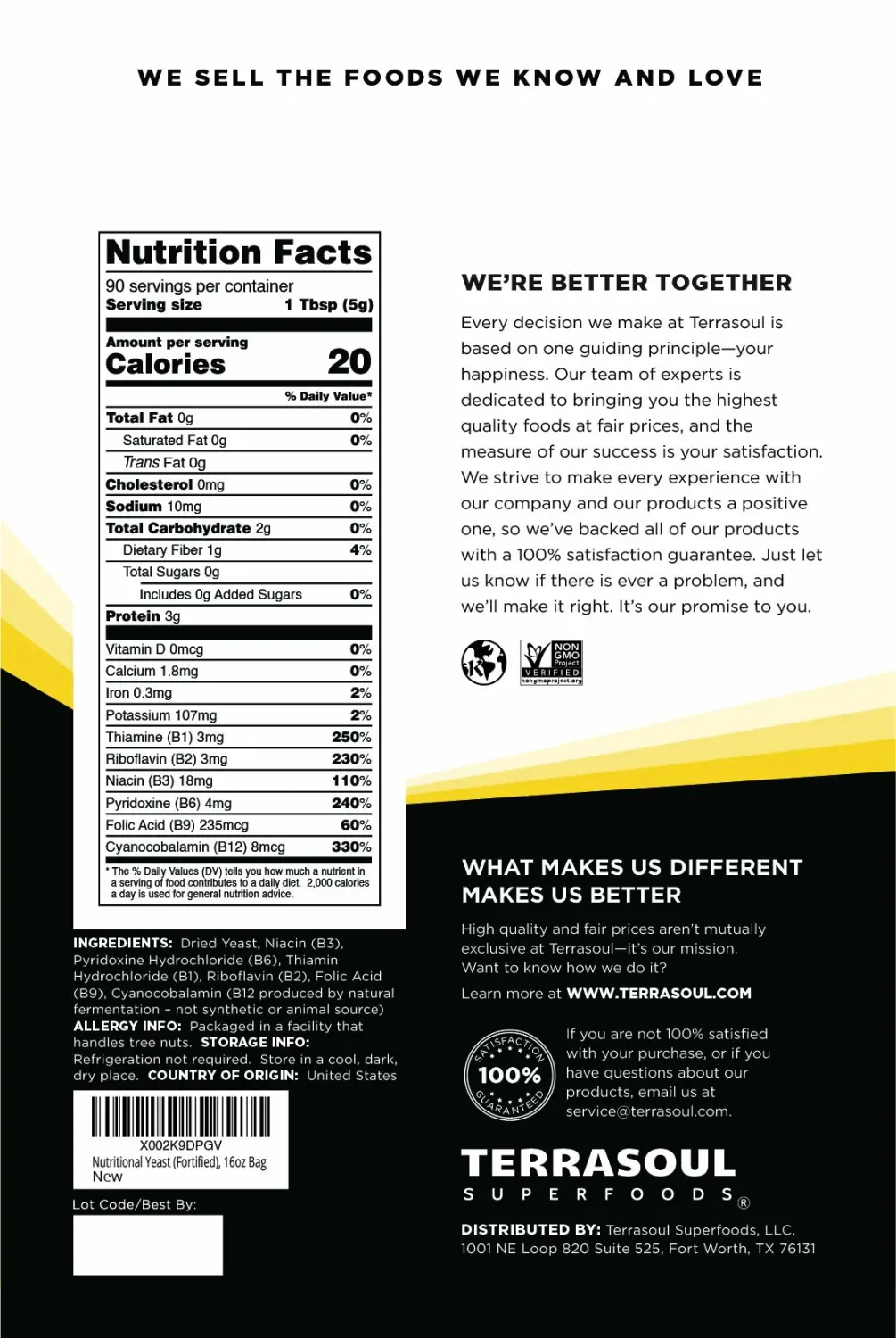 Terrasoul Superfoods Premium Nutritional Yeast Flakes, 16oz - Fortified | Gluten Free | Non-GMO | Vegan