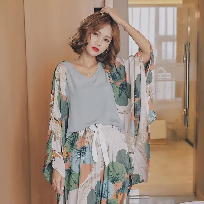 Silk casual shawl nightgown trousers