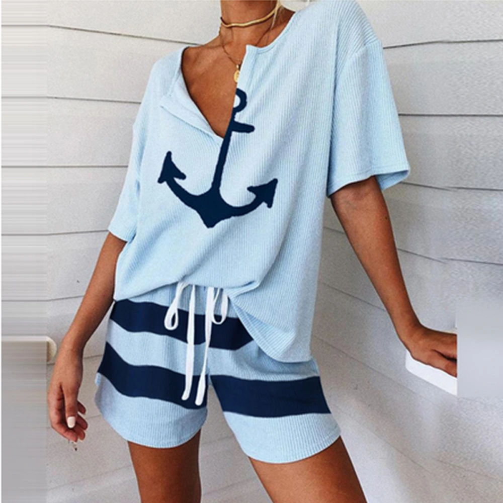 Anchor Pattern Printed Short Sleeve Top Shorts