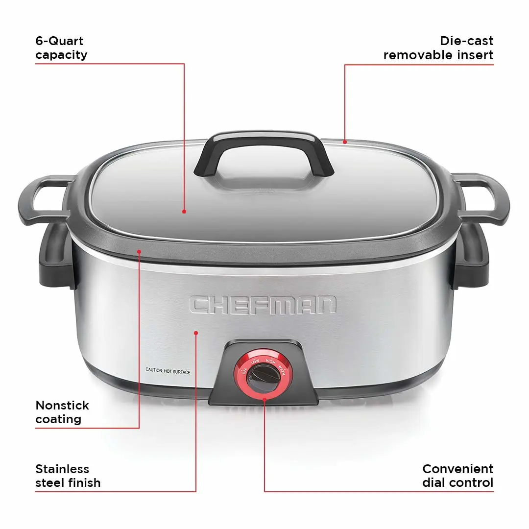 Chefman 6-Quart Slow Cooker, Electric Countertop Cooking, Stovetop & Oven-Safe Removable Insert for Browning & Sautéing, Family-Size Soups & Stews, Nonstick & Dishwasher-Safe Interior,Stainless Steel