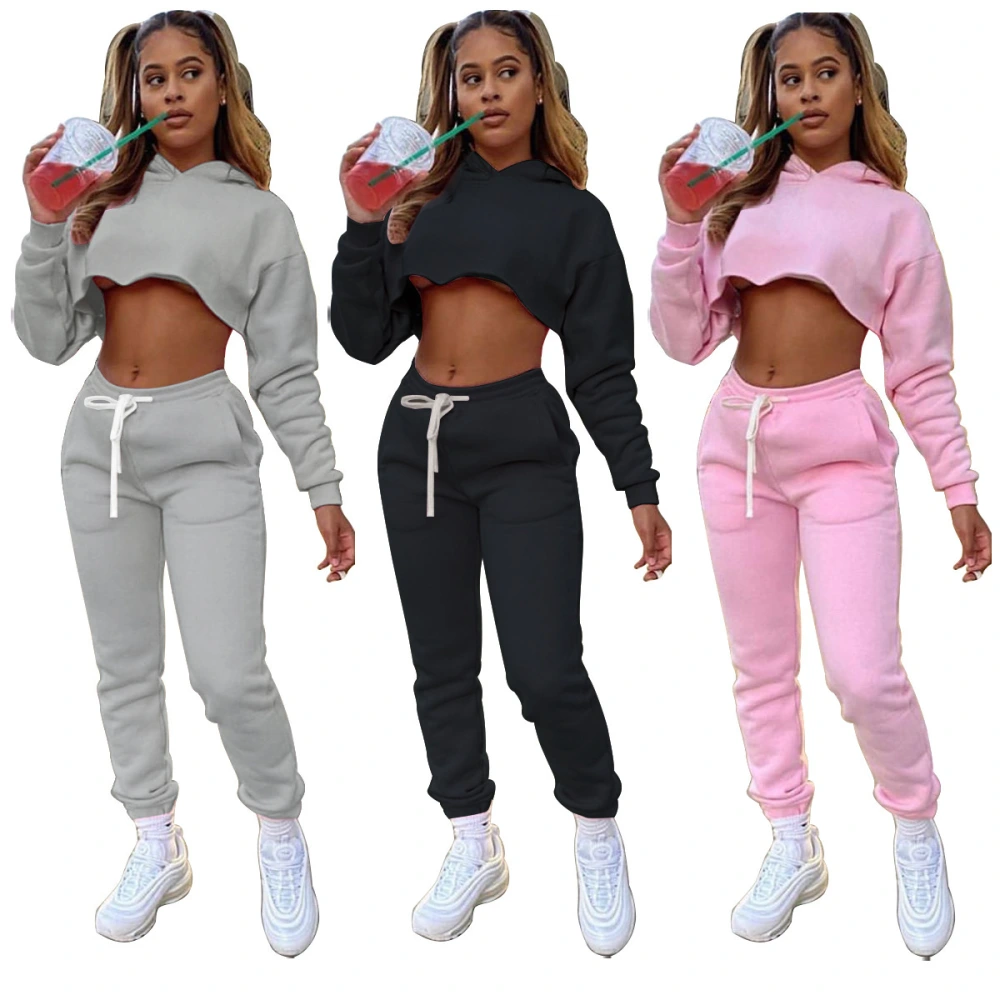 Two-Piece Solid Color Plus Velvet Thick Leisure Sports Suit