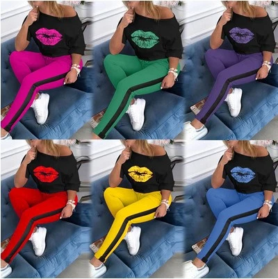 Lip Print Mid-Sleeve Trousers Round Neck Sports Suit