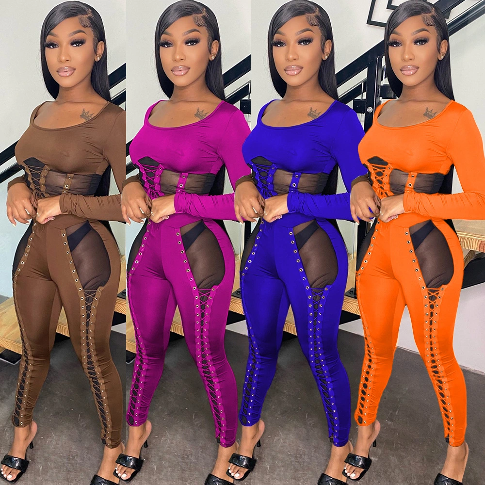 Fashion Sexy Stitching Strap Long Sleeve Two-Piece Suit