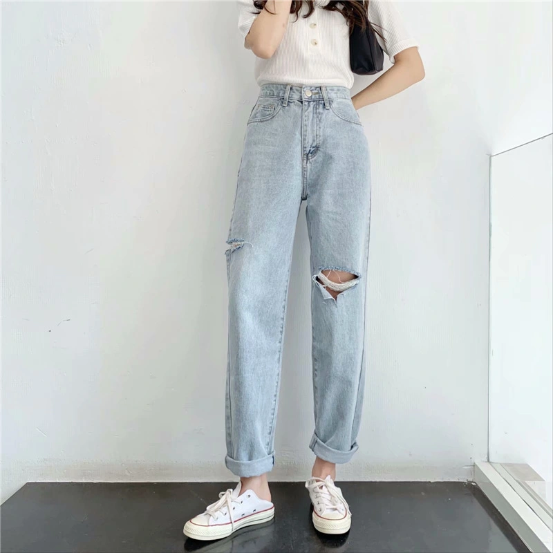 Women's ripped jeans are thin and loose in summer