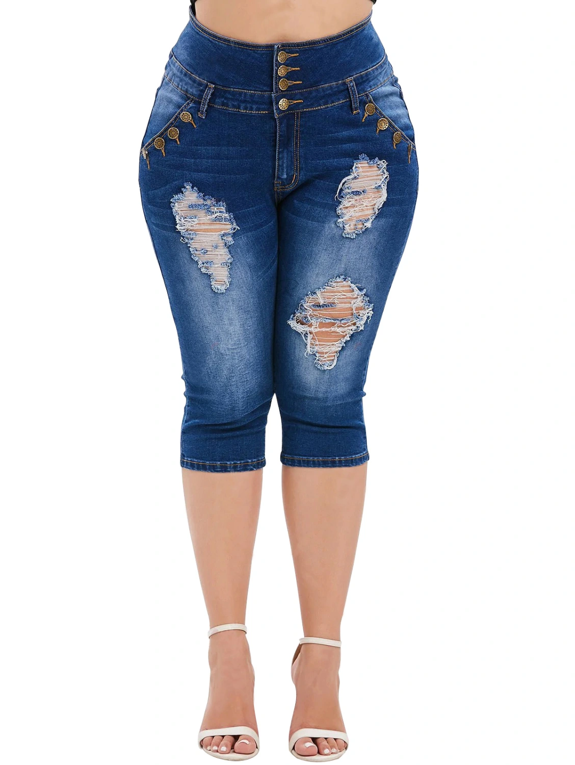 Elastic Hole Large Size High-waist Denim Five-point Pants