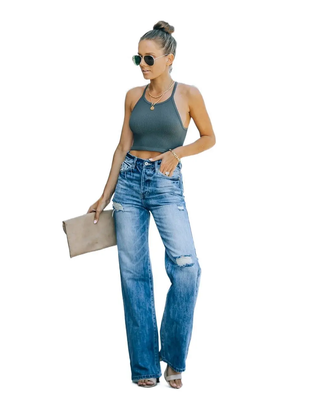  Summer Casual Wide-leg Pants Mid-waist Women's Wash Water Ripped Denim Trousers