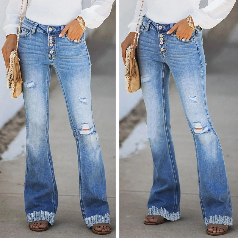 Fringed Straight Leg European And American Ripped Jeans