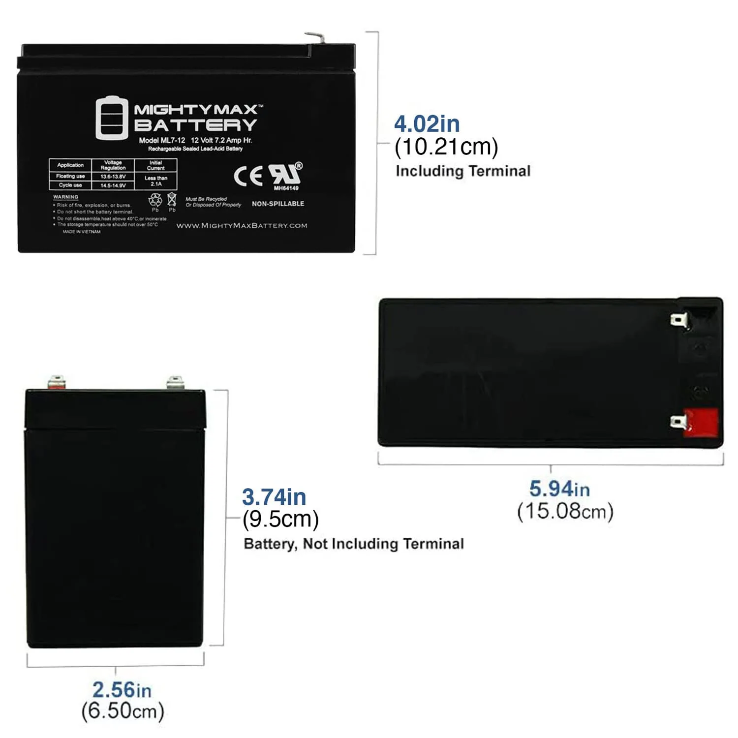 Mighty Max Battery ML7-12 - 12 Volt 7.2 AH, F1 Terminal, Rechargeable SLA AGM Battery