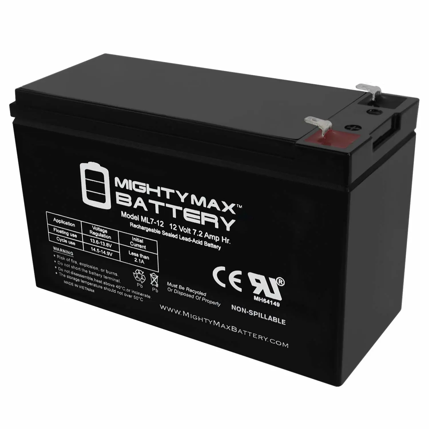 Mighty Max Battery ML7-12 - 12 Volt 7.2 AH, F1 Terminal, Rechargeable SLA AGM Battery