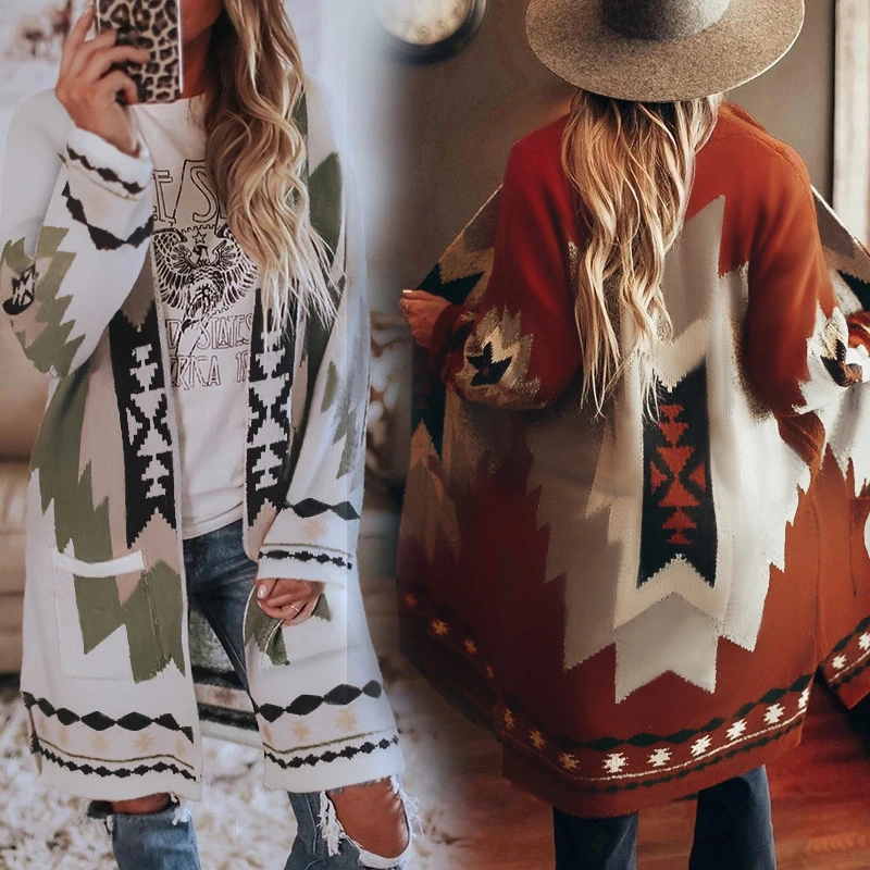 Long-sleeved printed cardigan coat woolen coat