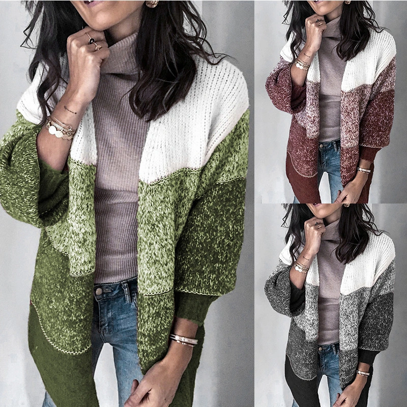 Mixed Color Sweater Coat Stripe Stitching Contrast Color Knitted Cardigan