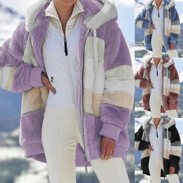 Autumn And Winter Loose Plush Multicolor Hooded Jacket