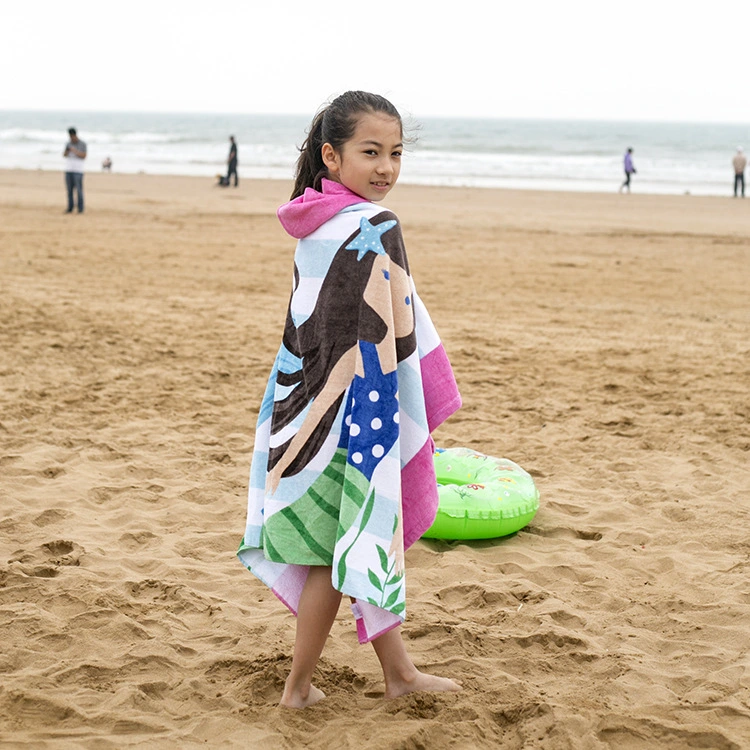 Beach Towel European And American Style Formaldehyde-free Children Can Wear Cotton Hooded Bath Towel Cloak Lengthened 76cm