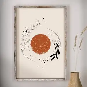 Simple Modern Nordic Abstract Art Hand Orange Sun And Moon Line Gold Foil