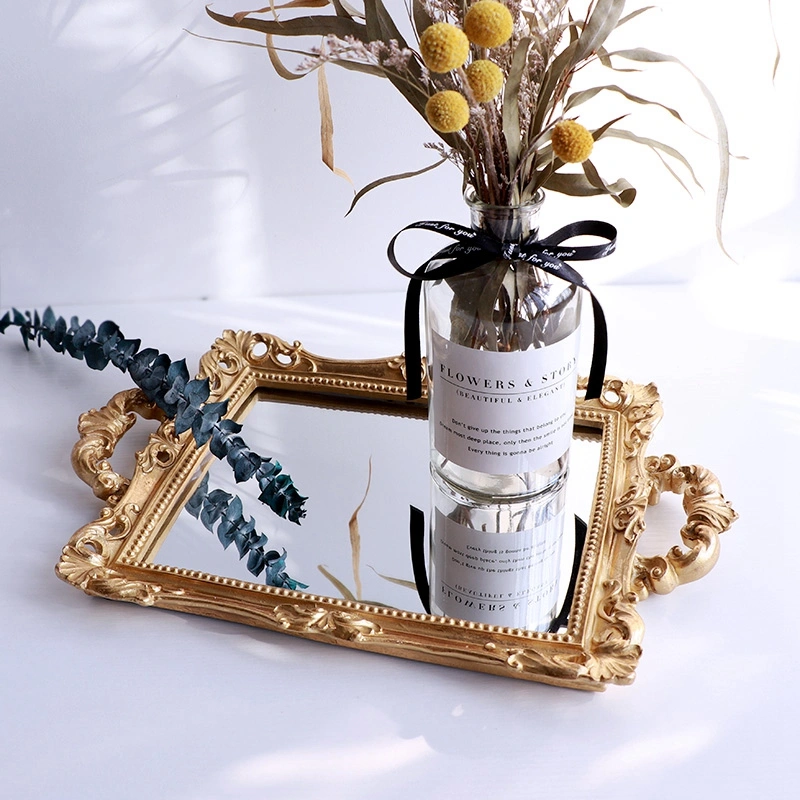 Golden printed mirror glass tray