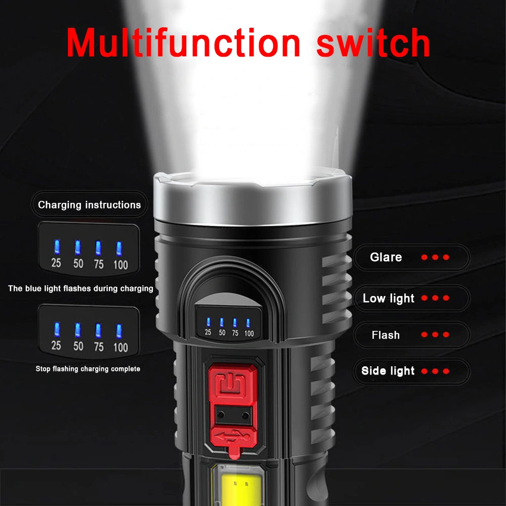 Battery Level Display Usb Rechargeable Flashlight Soft Light Side Light Handheld Flashlight For Hiking And Fishing
