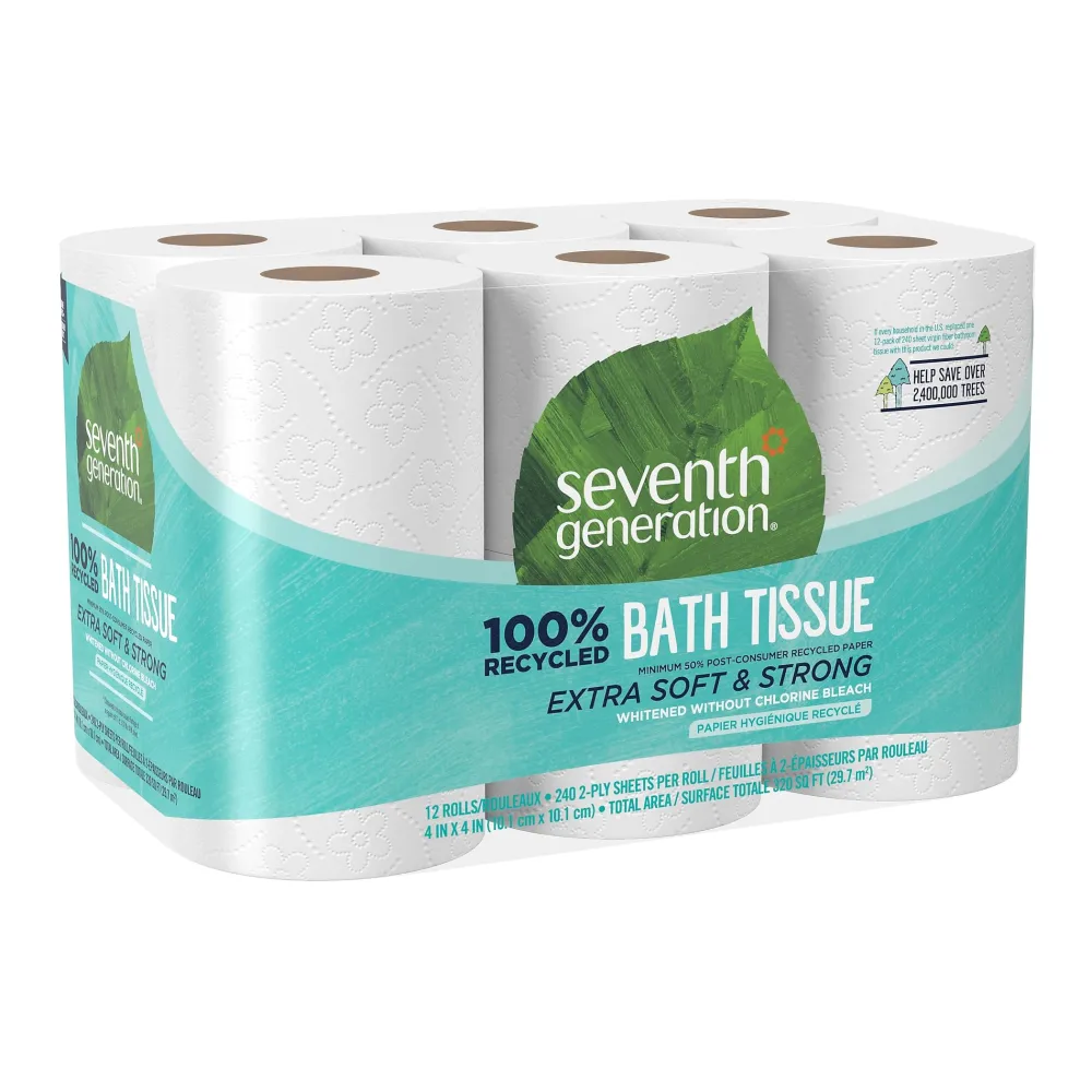 Seventh Generation Toilet Paper Recycled Bath Tissue 100% Recycled Paper 2-ply without Chlorine Bleach 12 Rolls